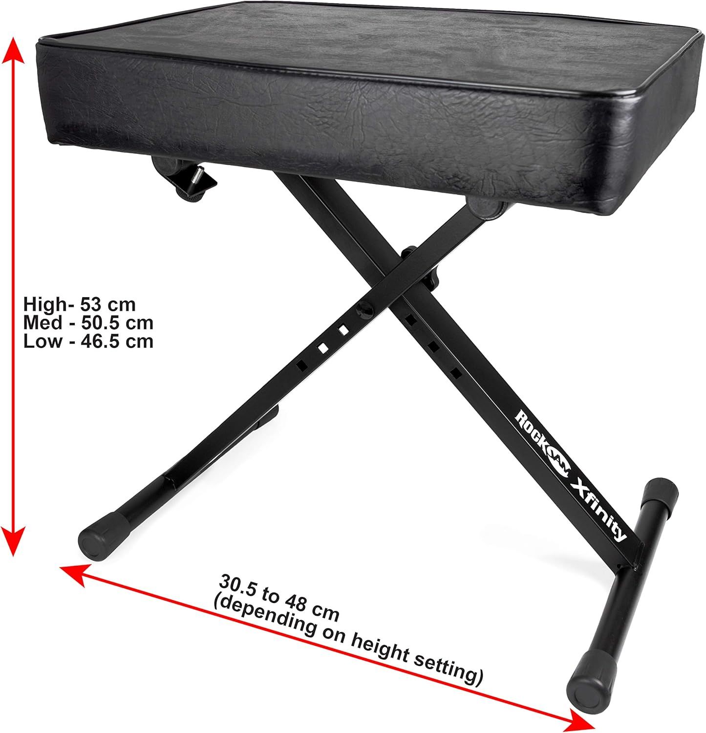 Communicates the precise physical dimensions and adjustable height settings of the keyboard bench to help shoppers understand if it will fit their space and ergonomic needs.