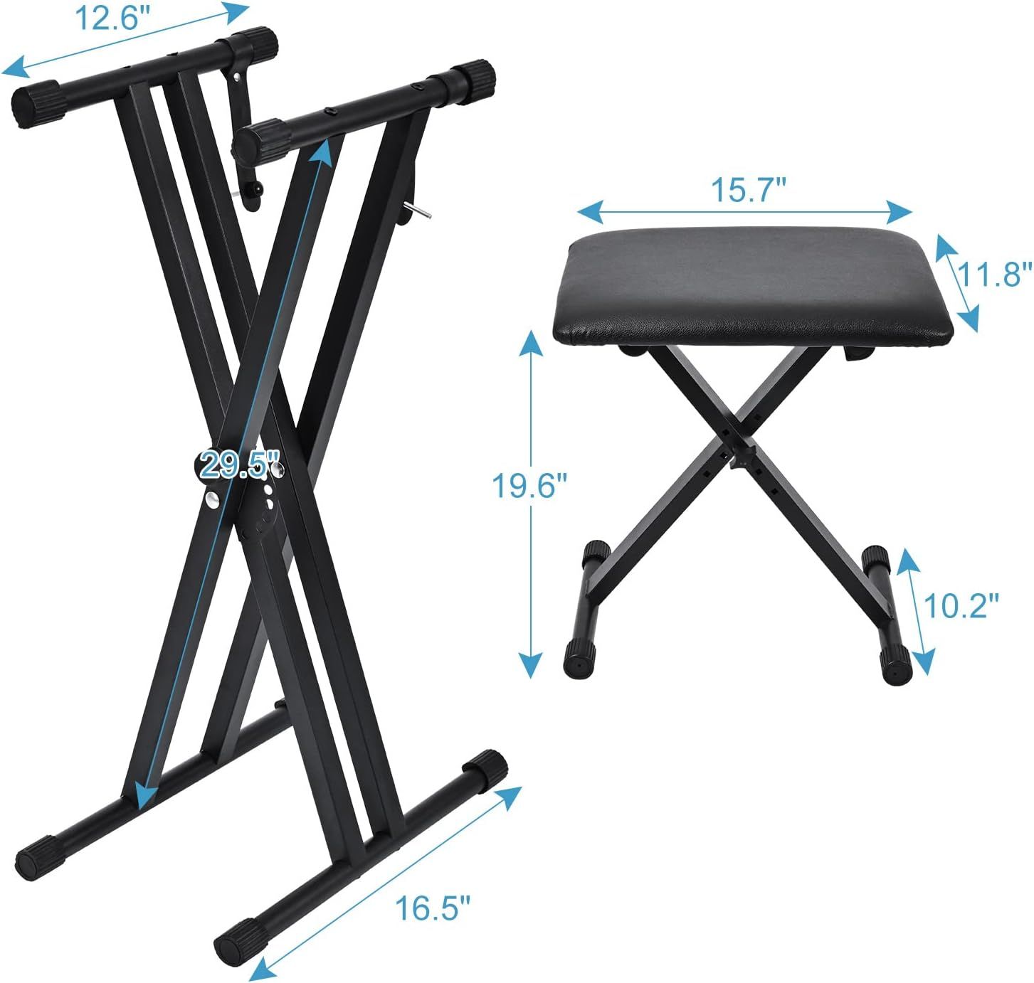 Communicates the exact physical dimensions of the keyboard stand and bench to help shoppers understand the size and ensure it fits their space and needs.