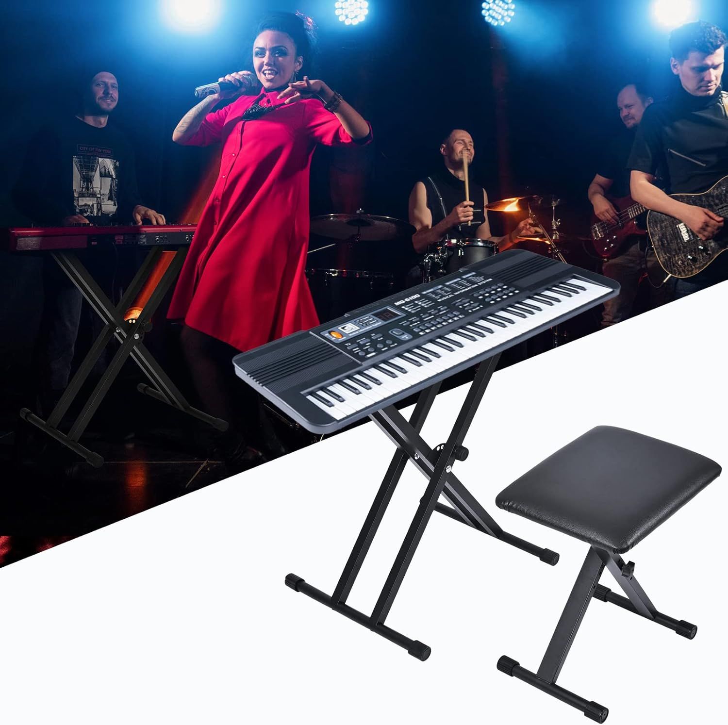 Demonstrates the keyboard stand and bench in a real-world performance context, showing shoppers that the product is suitable for professional live music settings and practice environments.
