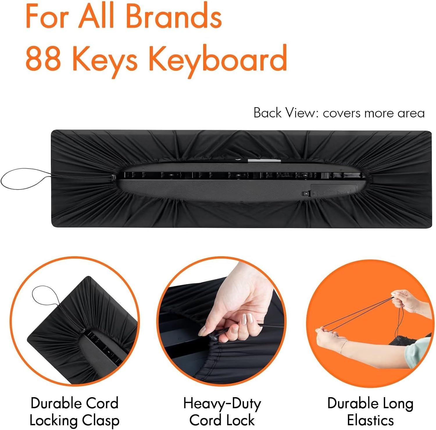 Communicates the keyboard cover's multiple protective and functional features, including secure locking mechanisms and durable elastic construction, to reassure shoppers of its quality and…