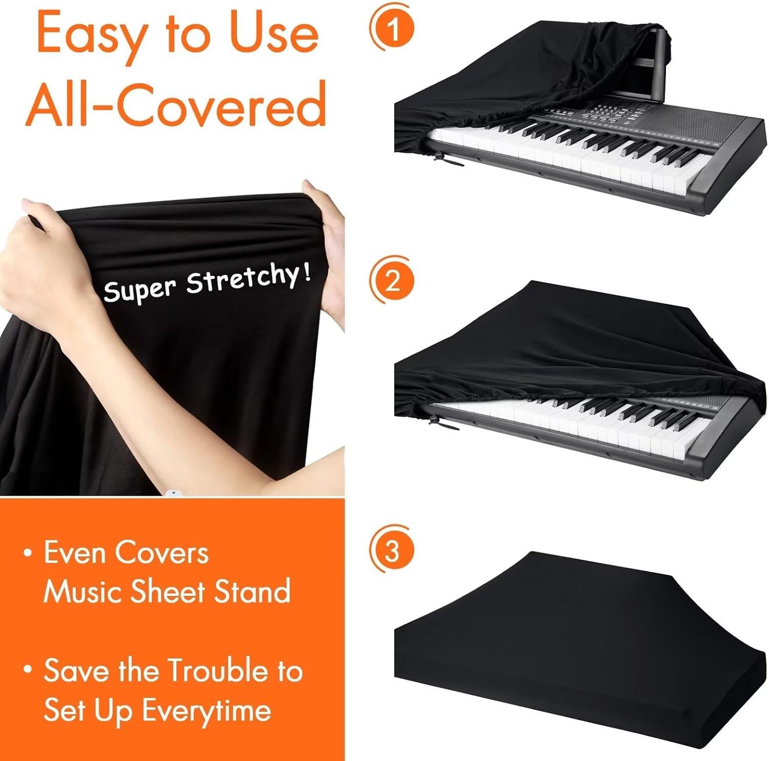 Demonstrates the simple 3-step process for covering a keyboard with the protective cover, emphasizing ease of use and complete coverage including the music sheet stand. Highlights multiple benefits…