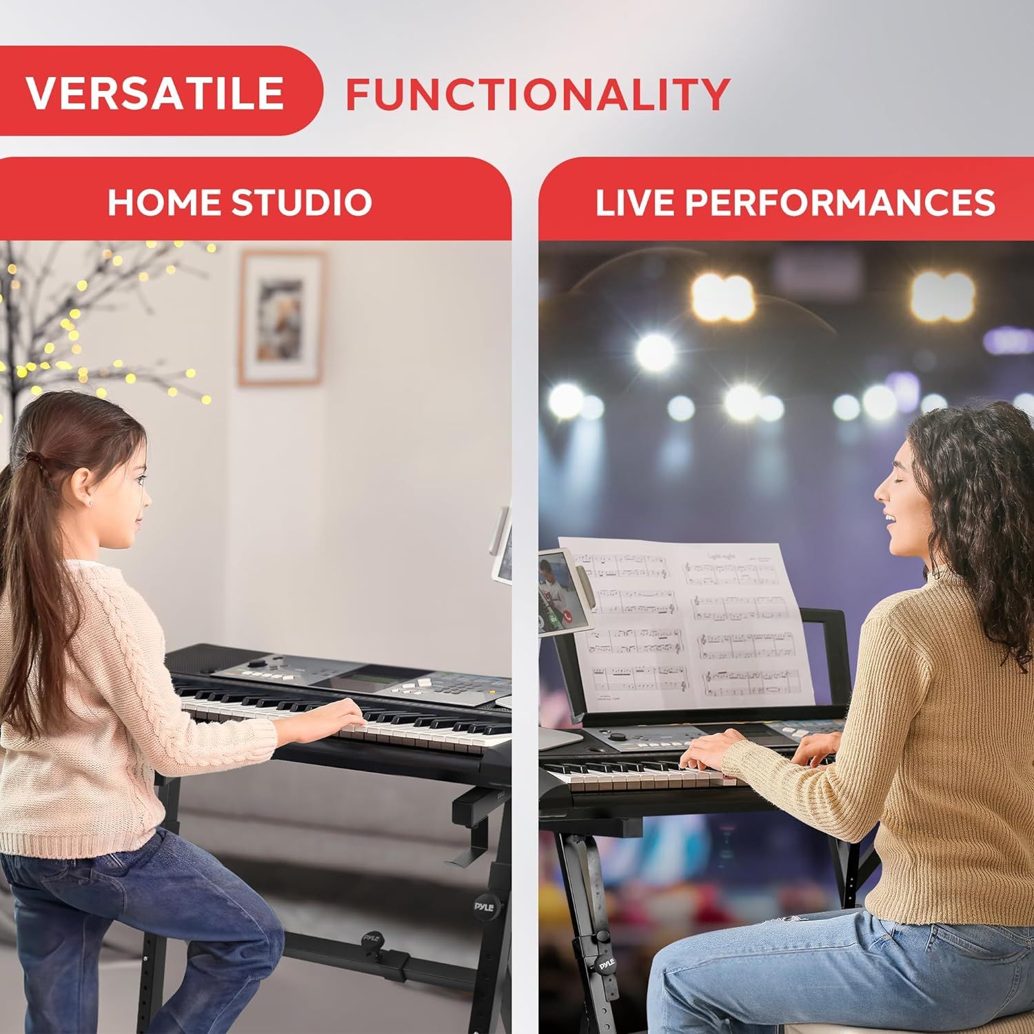Demonstrates the product's versatility by showing two distinct use scenarios: practicing at home in a studio setting and performing live on stage, reassuring shoppers that the keyboard is suitable…