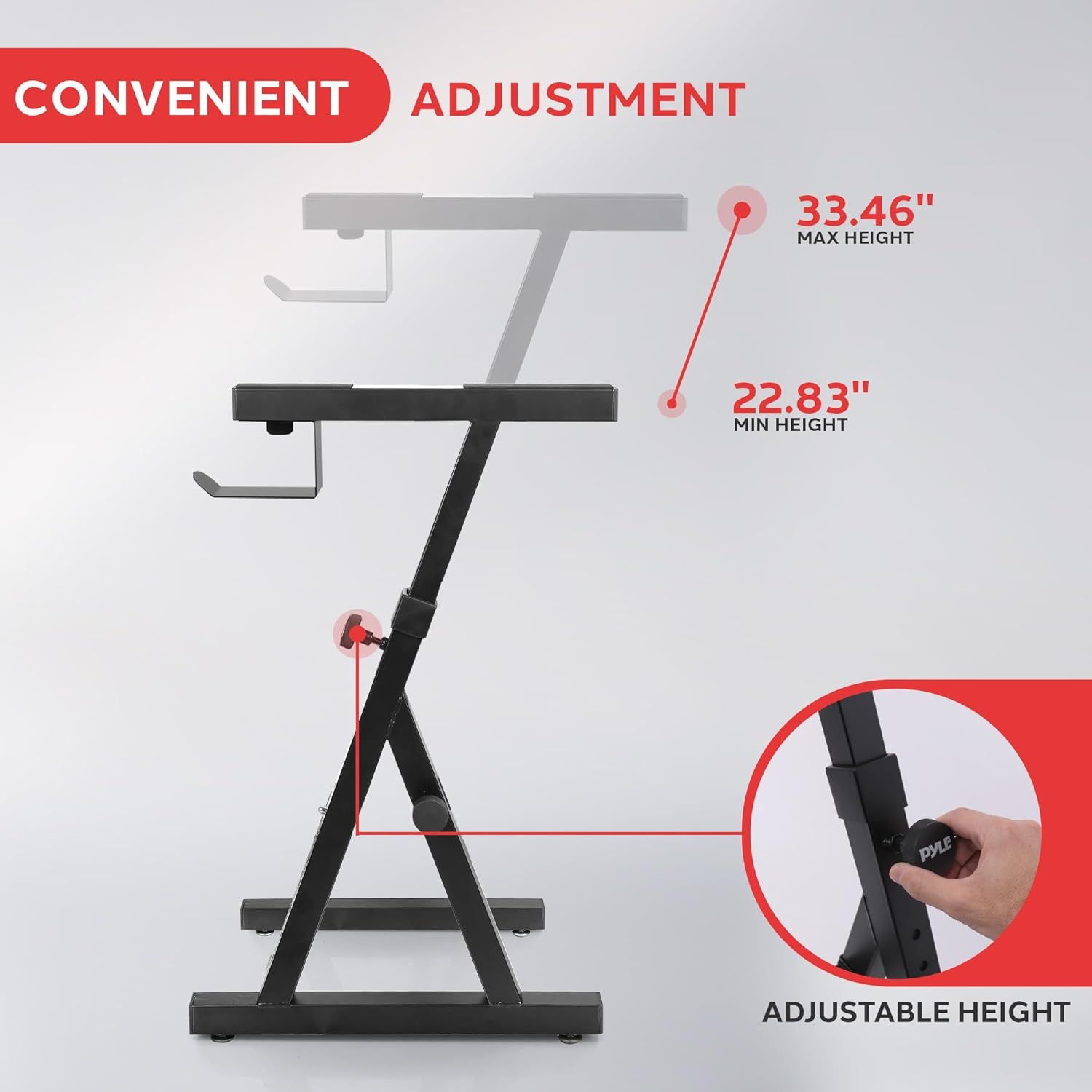 Communicates the product's height adjustability range (22.83" to 33.46") to help shoppers understand the flexibility and ergonomic customization options available. Highlights the ease and…