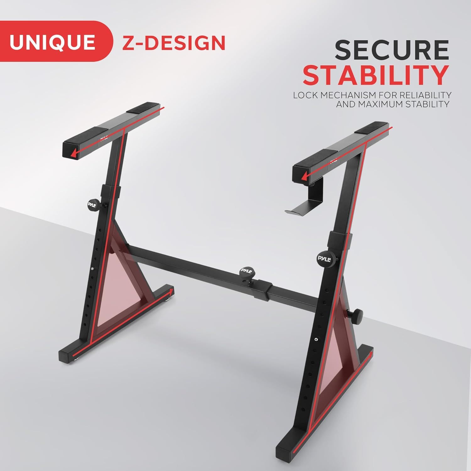 Highlights the unique Z-shaped design and lock mechanism that provides secure stability and reliability for the keyboard stand.