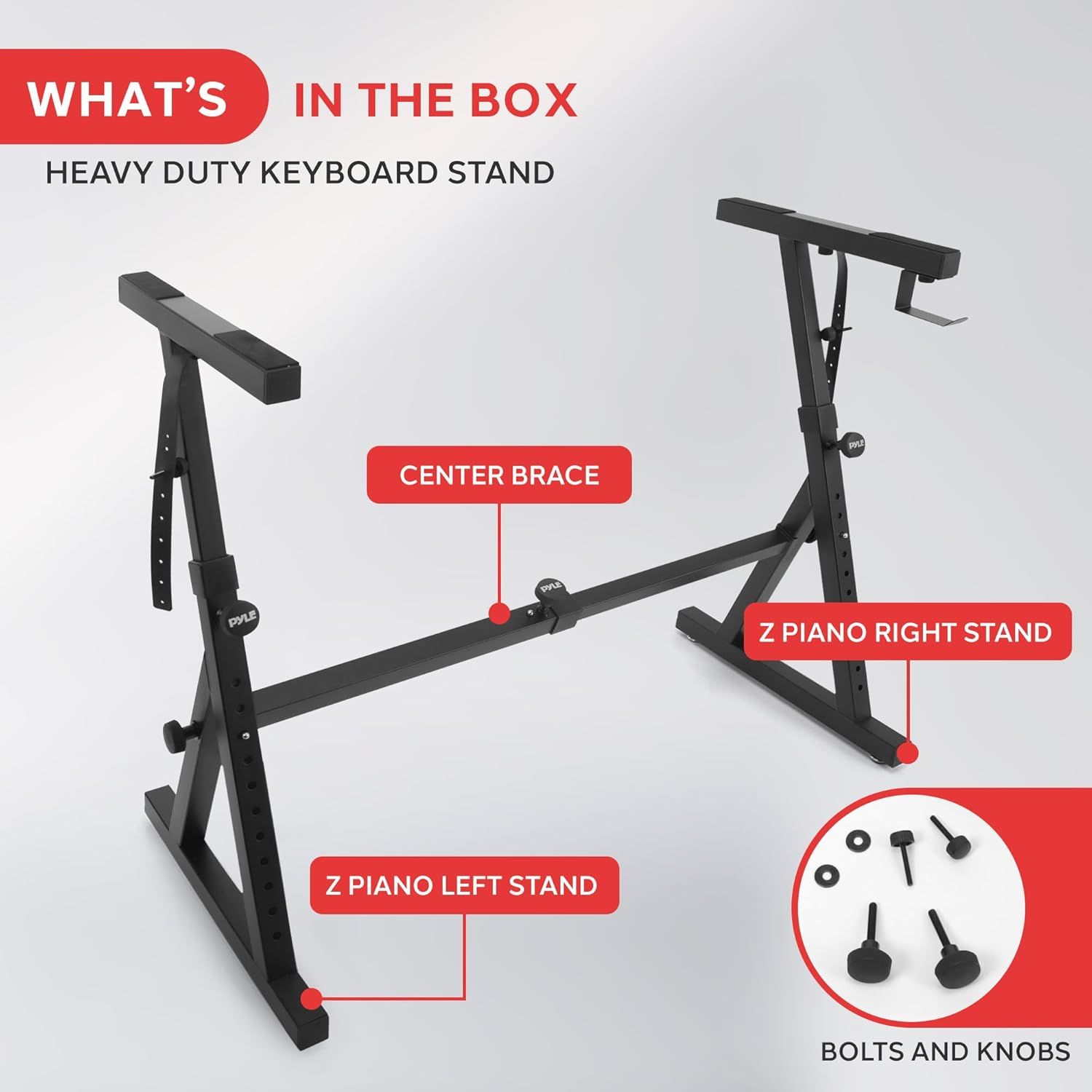 Shows all the components included in the keyboard stand package, helping shoppers understand exactly what they will receive and how the parts fit together.