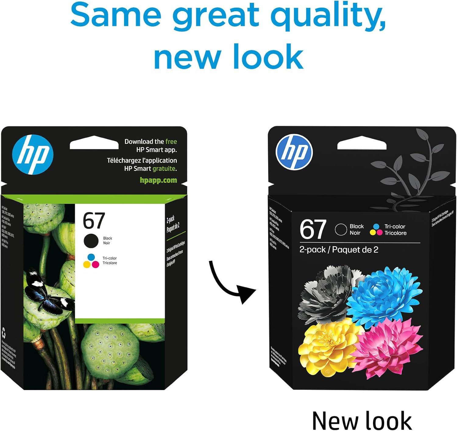 Communicates that HP has updated their ink cartridge packaging design while maintaining the same quality, reassuring customers about the transition to new packaging.