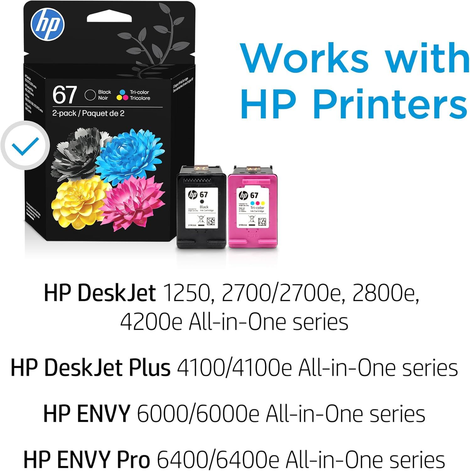 Shows which HP printer models and series are compatible with this HP 67 ink cartridge 2-pack, helping shoppers confirm the product will work with their specific printer.