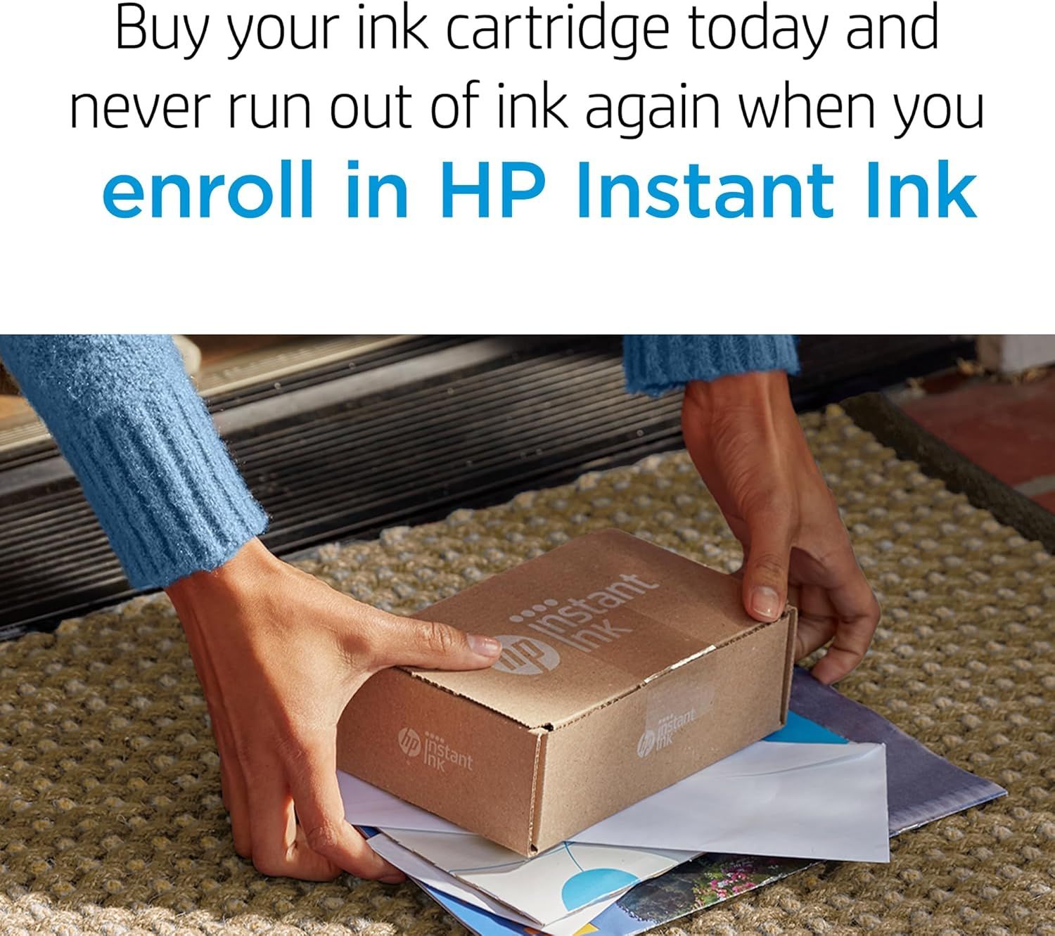 Promotes HP Instant Ink subscription service, emphasizing the convenience of never running out of ink by enrolling in automatic delivery.