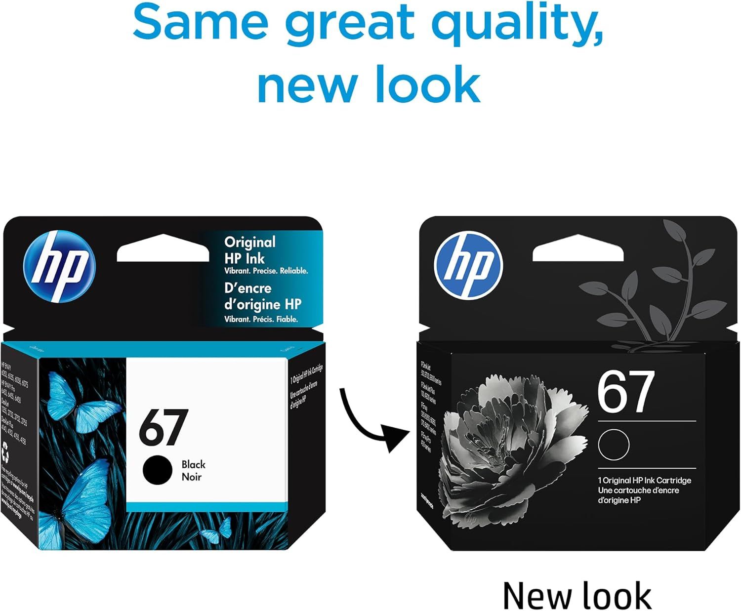 Informs shoppers that the HP 67 ink cartridge has updated packaging while maintaining the same quality, reducing confusion during purchase.