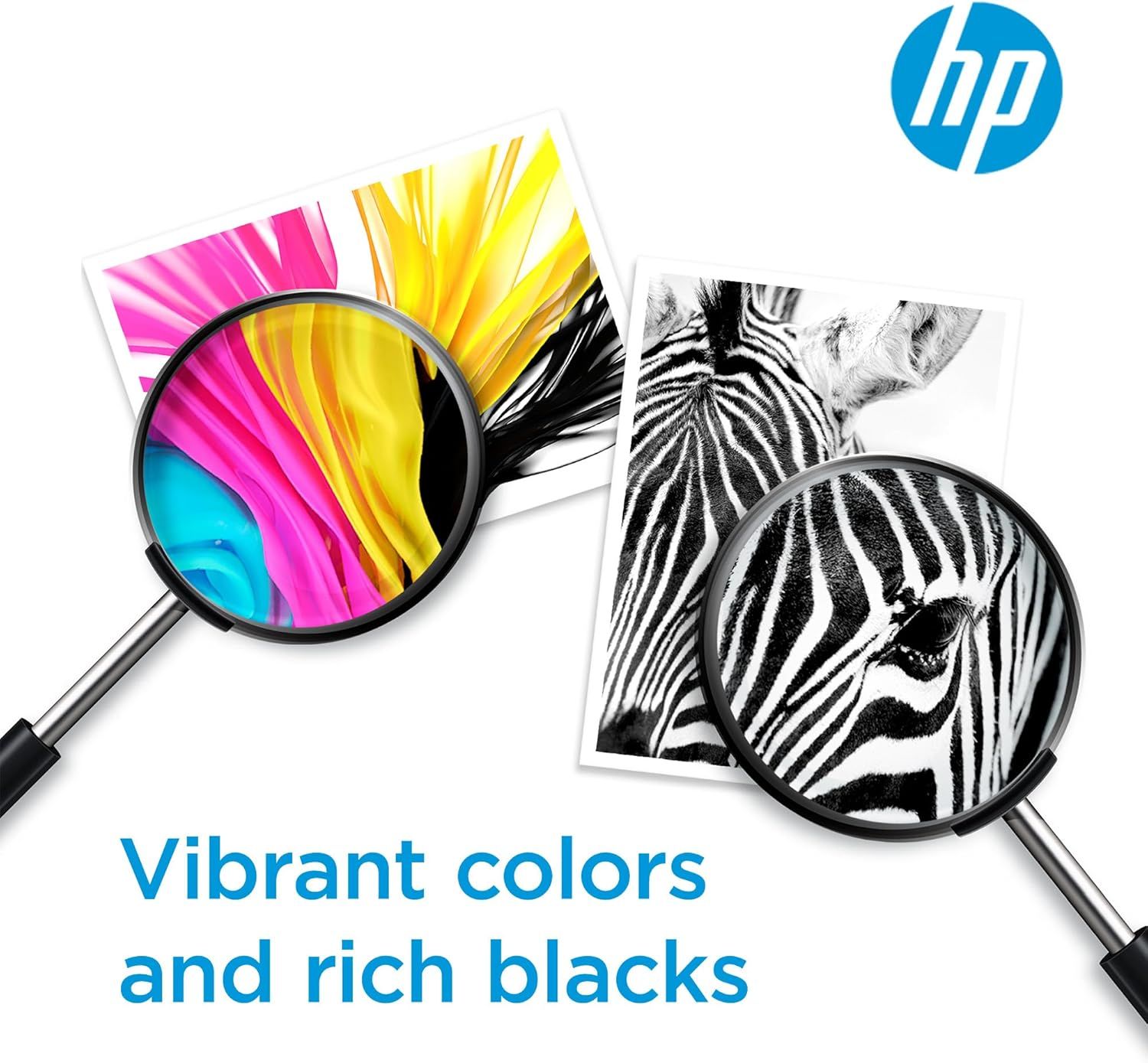 Communicates that the HP printer delivers vibrant, accurate colors and deep, rich blacks, reassuring shoppers about superior print quality.