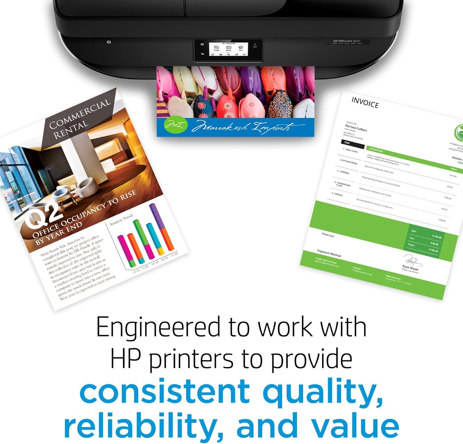 Communicates that the HP printer is engineered to deliver consistent quality, reliability, and value for business printing needs, reassuring shoppers of dependable performance.