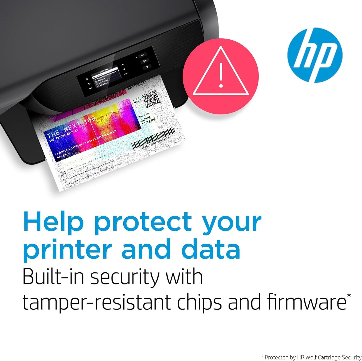Communicates that the HP printer includes built-in security features to protect the device and user data from tampering and threats.