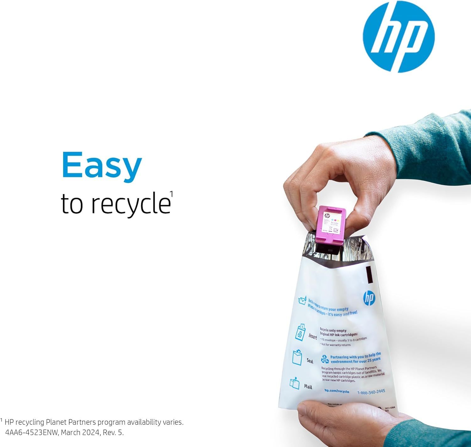 Communicates HP's environmental responsibility by showing how easy it is to recycle ink cartridges through their free recycling program, reassuring eco-conscious shoppers. Highlights the simplicity…