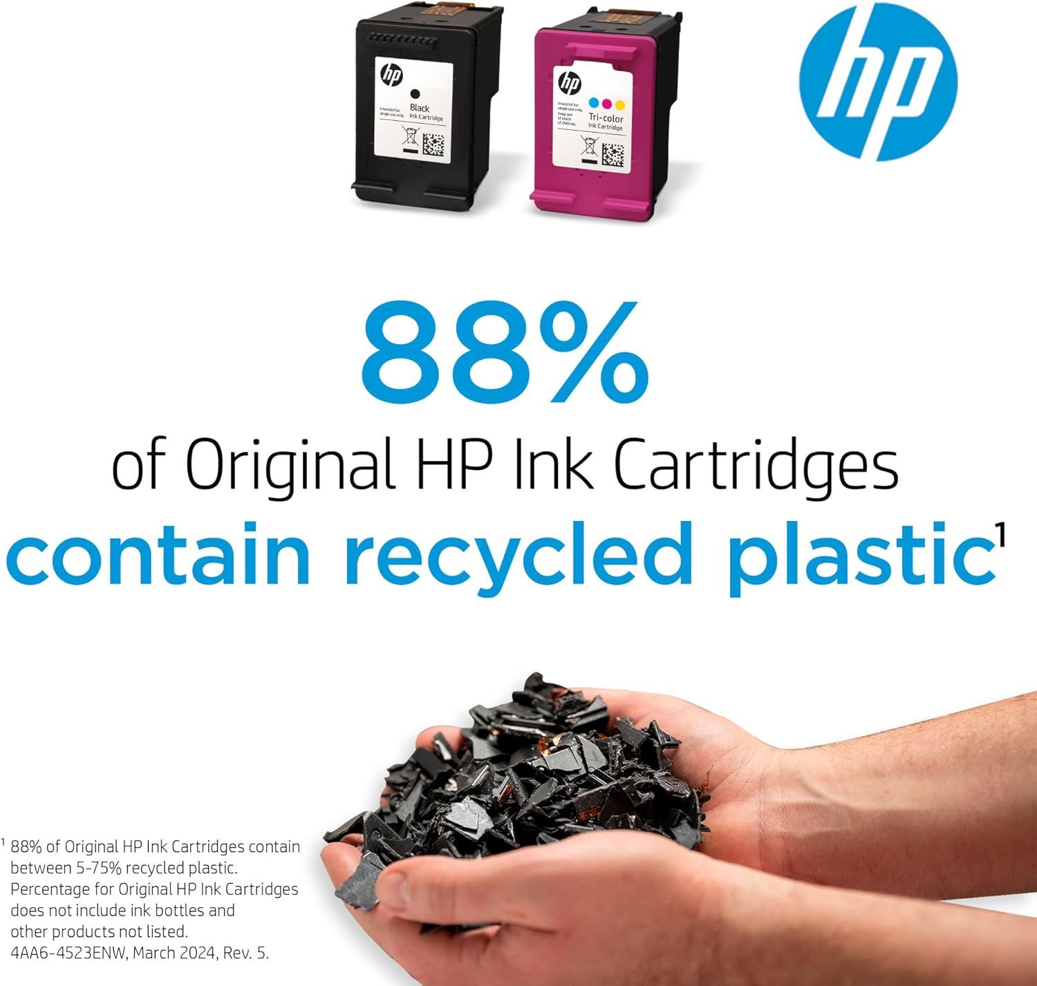 Communicates HP's environmental responsibility by highlighting that 88% of their original ink cartridges contain recycled plastic, reassuring eco-conscious shoppers. Emphasizes the quantifiable…