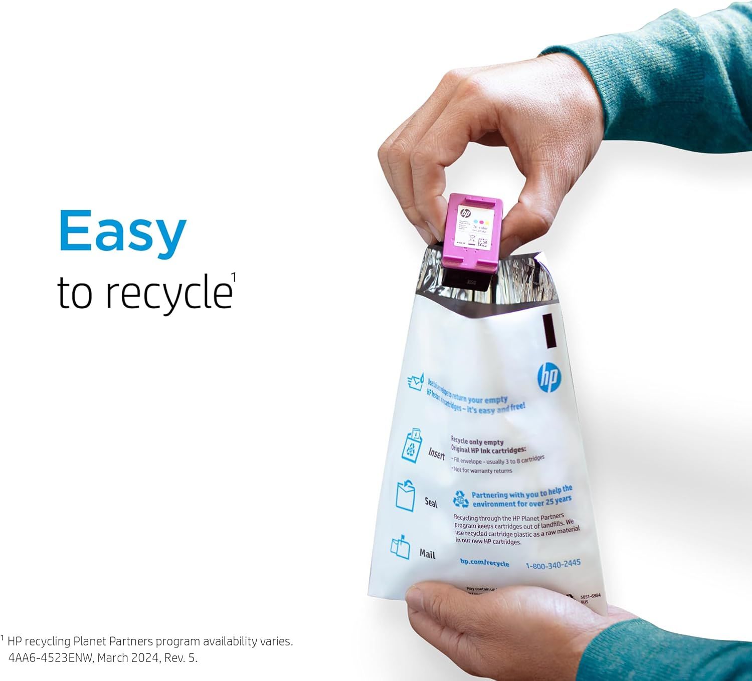 Communicates HP's environmental responsibility by showing how easy it is to recycle empty ink cartridges through their free recycling program, reassuring eco-conscious shoppers. Highlights the…