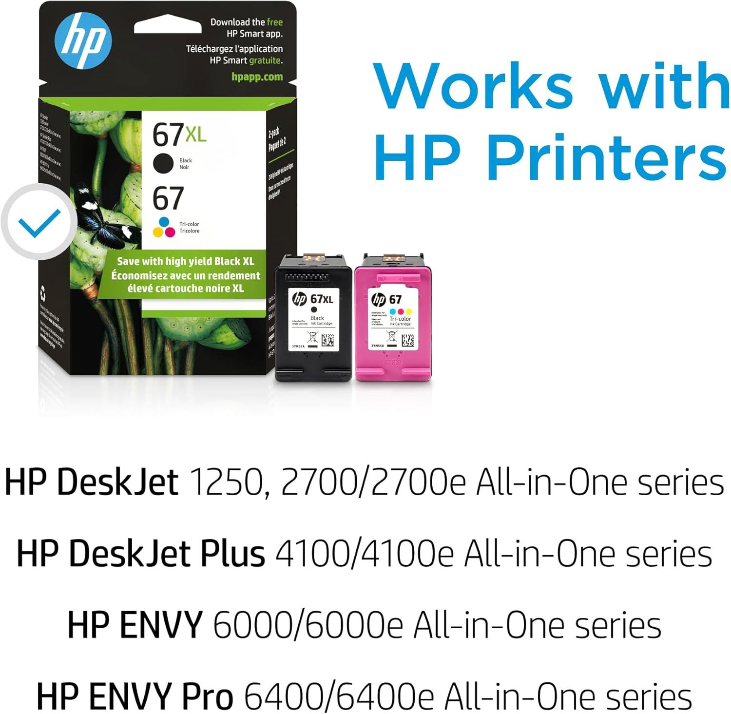 Demonstrates which HP printer models and series the ink cartridges are compatible with, helping shoppers confirm the product will work with their specific printer.