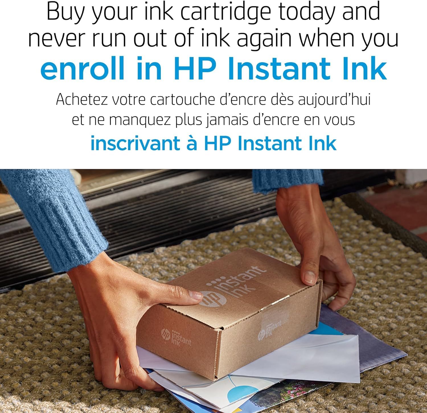 Promotes HP Instant Ink subscription service, emphasizing the convenience of never running out of ink by enrolling in automatic delivery.
