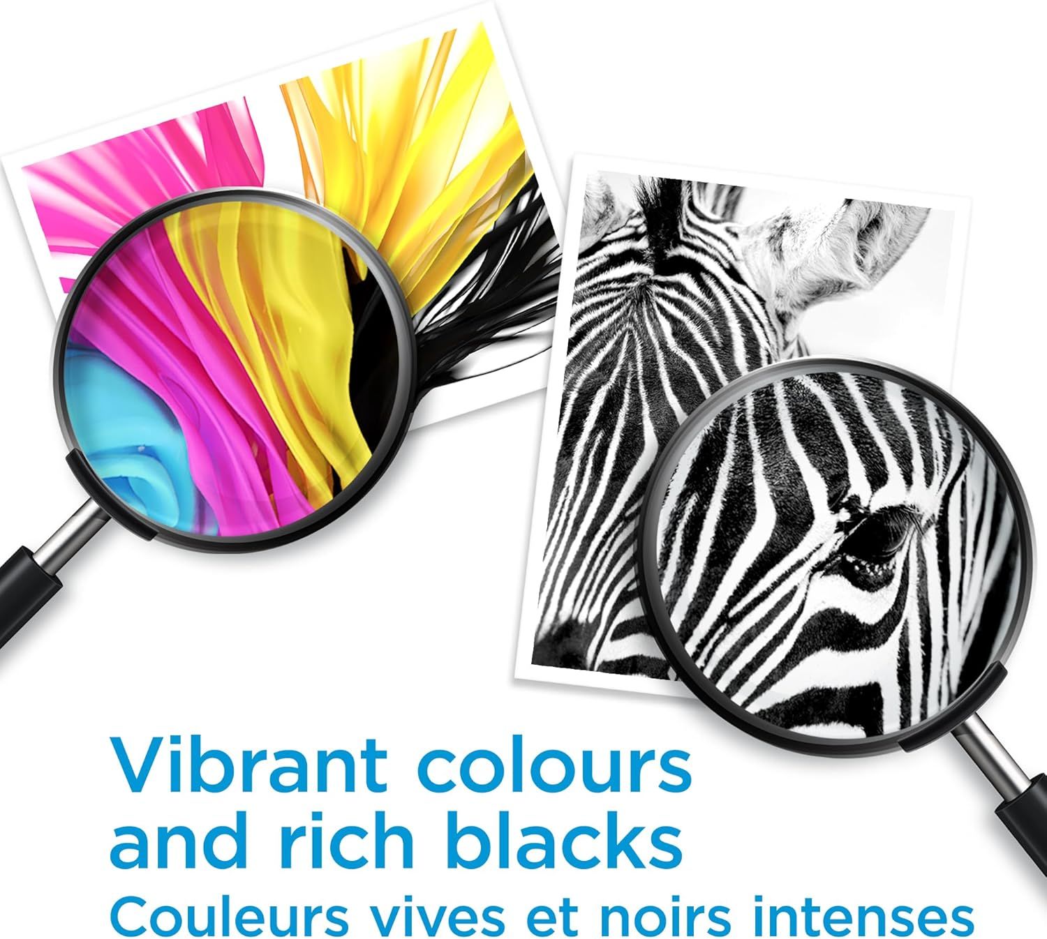 Communicates the product's ability to produce high-quality prints with vibrant colors and deep blacks, reassuring shoppers of superior print quality.