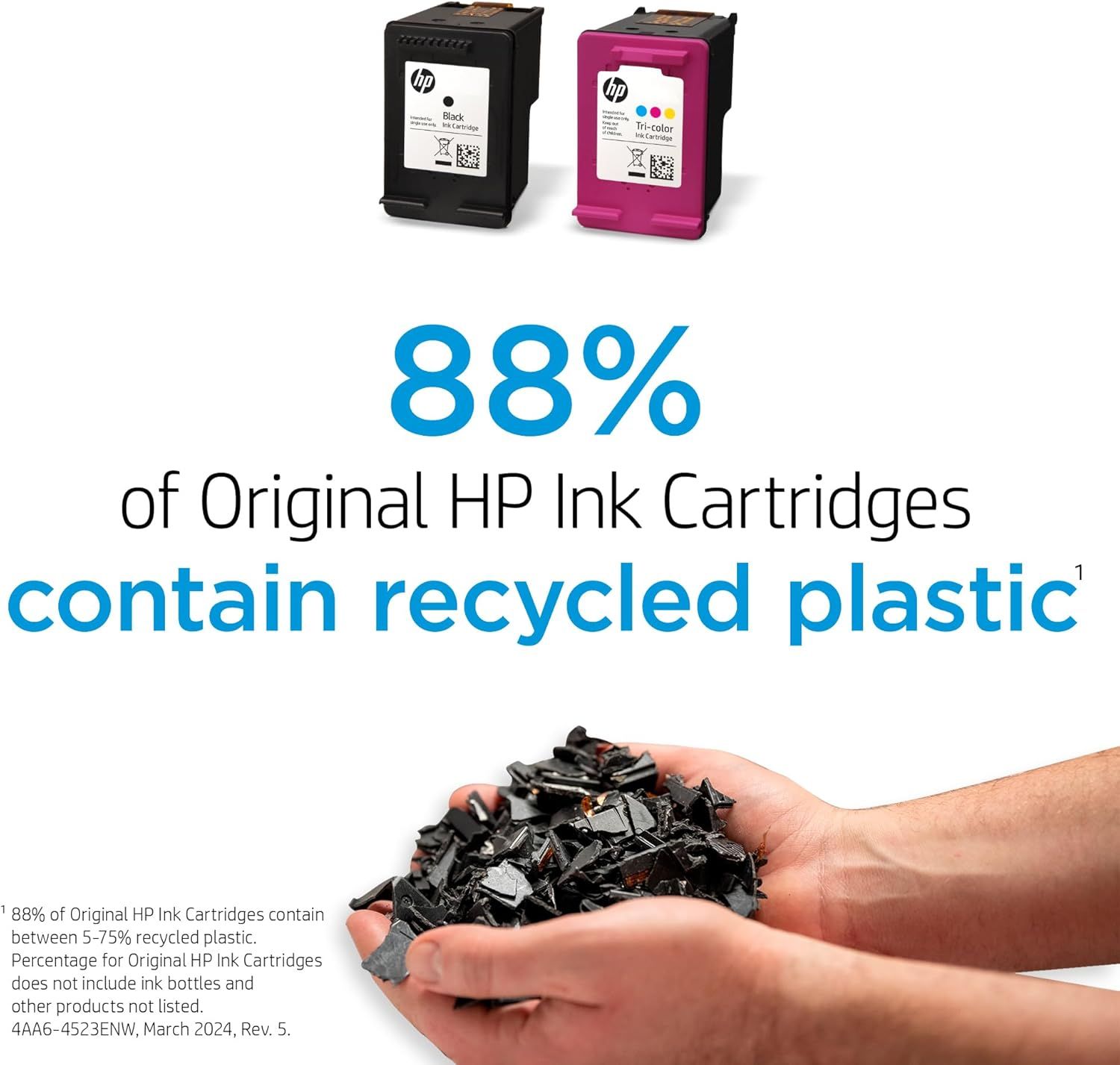 Communicates the environmental responsibility of HP ink cartridges by highlighting that 88% contain recycled plastic, reassuring eco-conscious shoppers. Emphasizes the quantifiable sustainability…