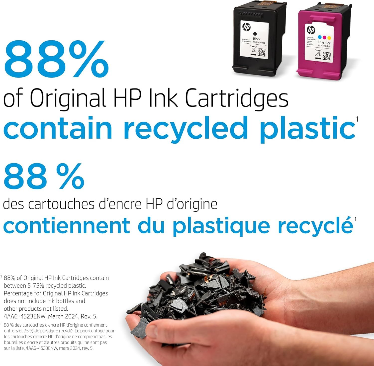Communicates HP's environmental responsibility by highlighting that 88% of their original ink cartridges contain recycled plastic, reassuring eco-conscious shoppers. Emphasizes the quantifiable…