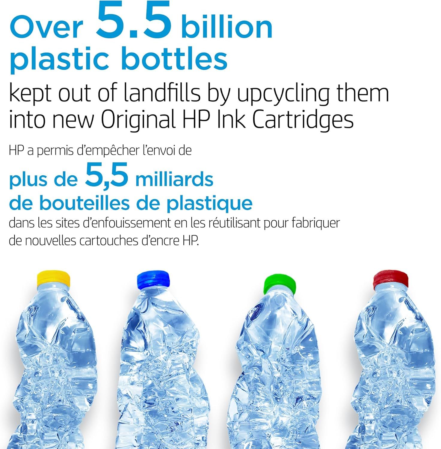 Communicates HP's environmental commitment by showcasing the massive scale of plastic bottles recycled and upcycled into ink cartridges, reassuring eco-conscious shoppers. Highlights the impressive…