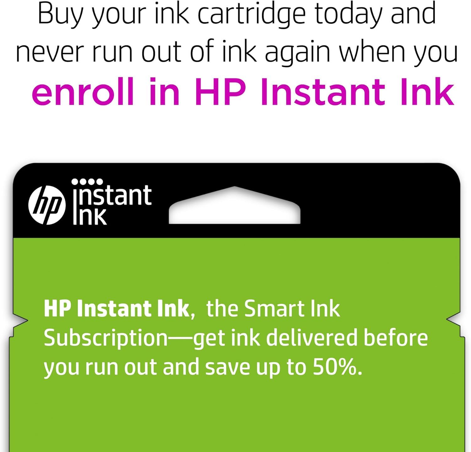 Promotes HP's Instant Ink subscription service, emphasizing the convenience of automatic ink delivery and the benefit of saving up to 50% to encourage enrollment. Highlights the quantifiable savings…