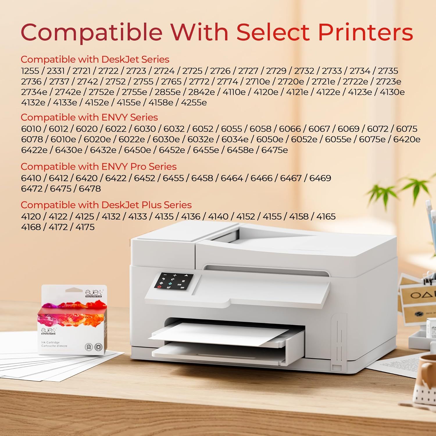 Demonstrates the extensive compatibility of the ink cartridge with multiple HP printer series (DeskJet, ENVY, ENVY Pro, DeskJet Plus) to reassure shoppers that the product will work with their…