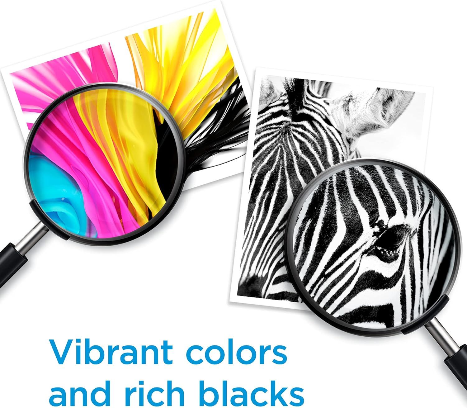 Communicates the product's ability to produce high-quality prints with vibrant, accurate colors and deep black tones, reassuring shoppers of superior print quality.