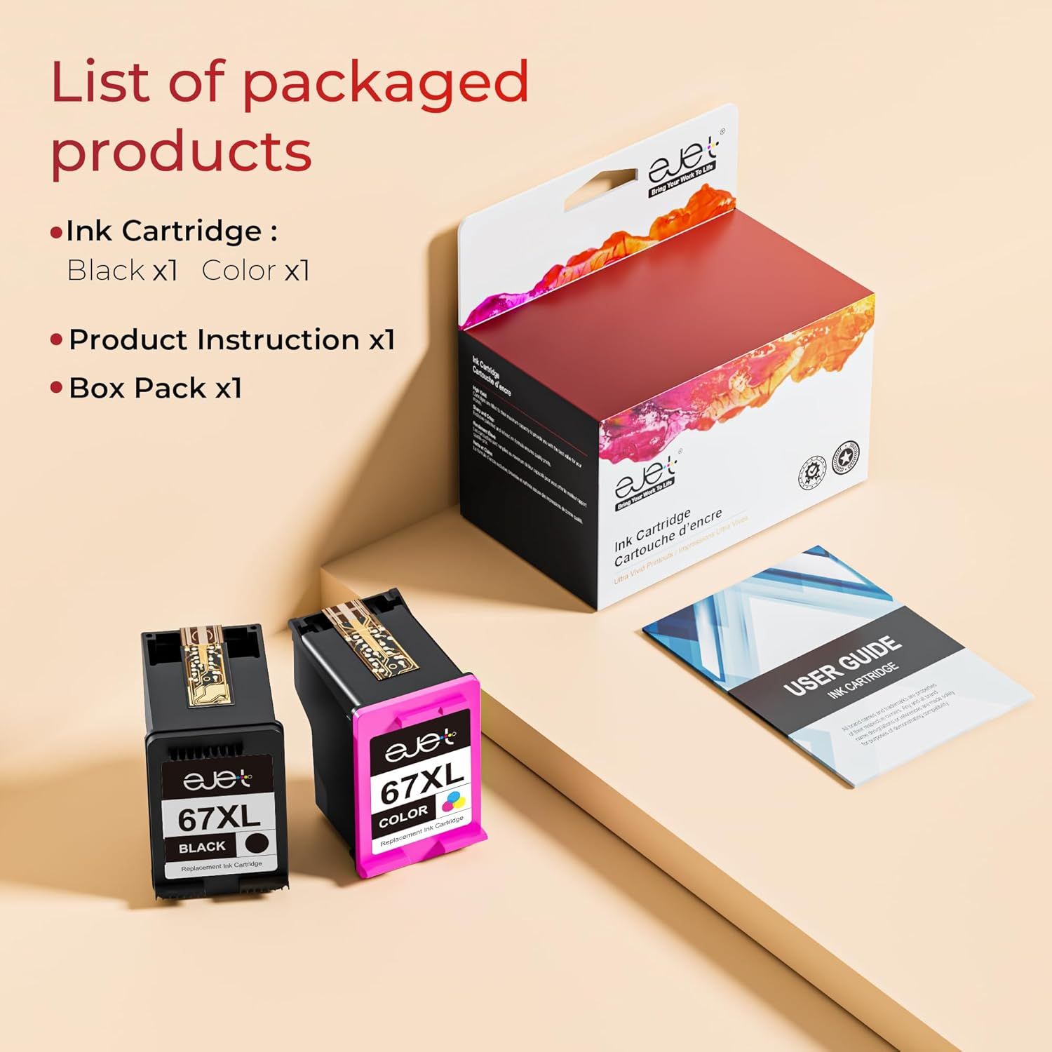 Shows everything included in the purchase—ink cartridges (black and color), product instruction manual, and box packaging—to set clear expectations for the customer about what they will receive.