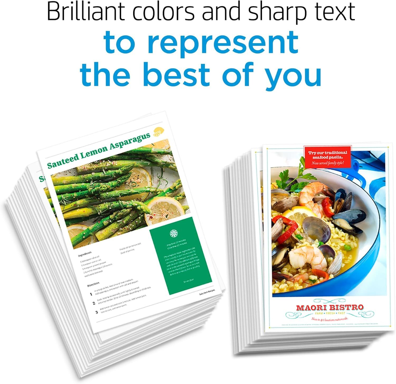 Demonstrates the product's ability to produce high-quality printed materials with vibrant colors and crisp text, showcasing professional-looking recipe cards and menus to reassure shoppers of…