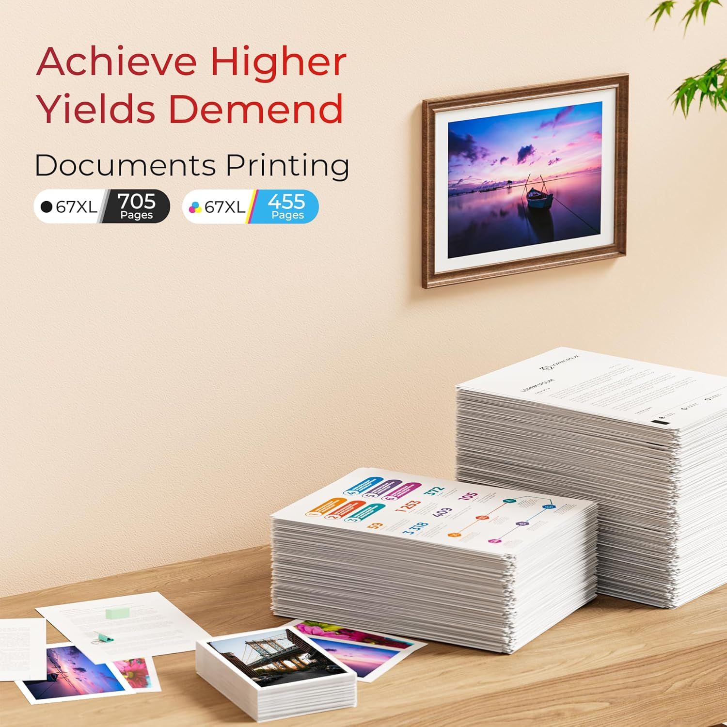 Communicates the impressive page yield capacity of the ink cartridges (705 pages black, 455 pages color) to demonstrate value and cost-effectiveness for document and photo printing. Reinforces the…