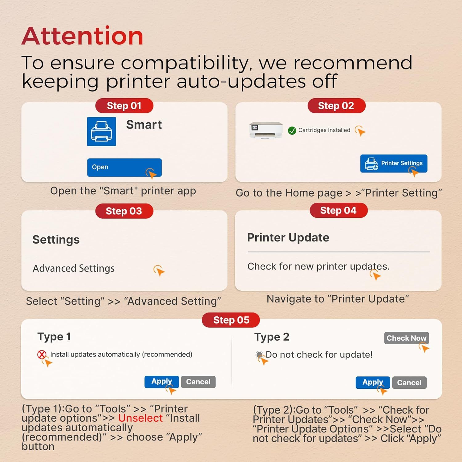 Provides step-by-step instructions to disable automatic printer updates to ensure compatibility with the product (likely ink cartridges).
