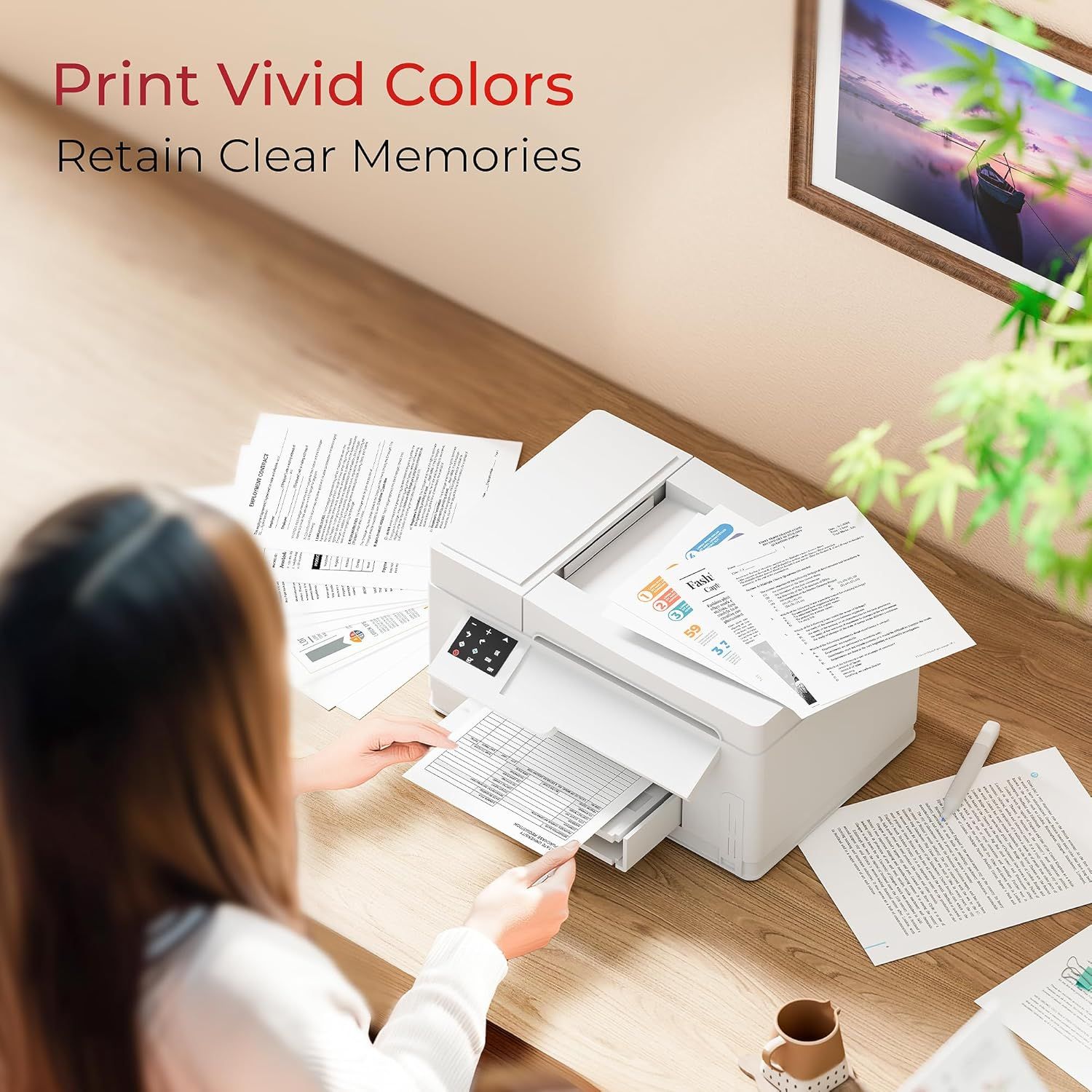 Highlights the printer's ability to produce vivid, high-quality color prints, emphasizing the benefit of preserving clear memories through superior print quality.
