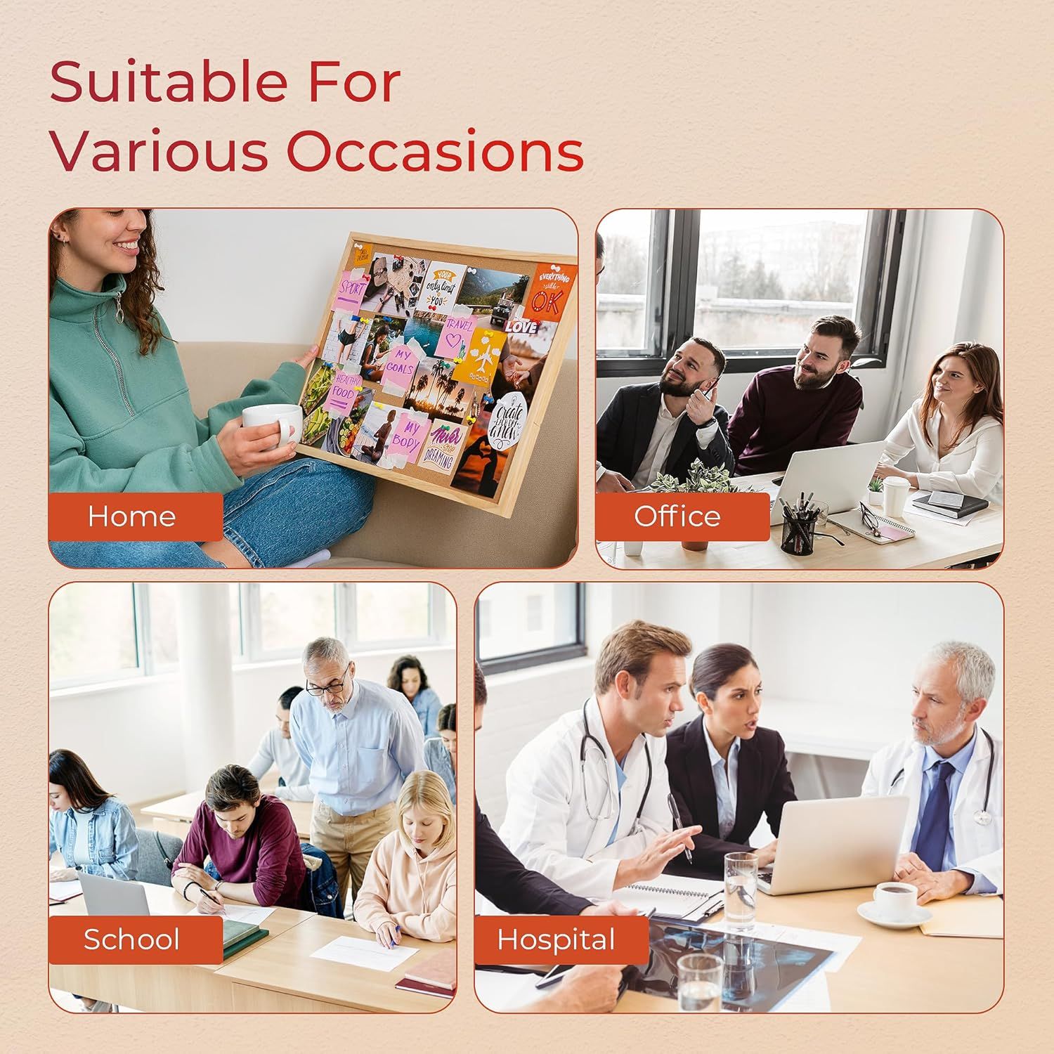 Demonstrates the product's versatility by showing it can be used in four different environments: home, office, school, and hospital settings, reassuring shoppers of its broad applicability.