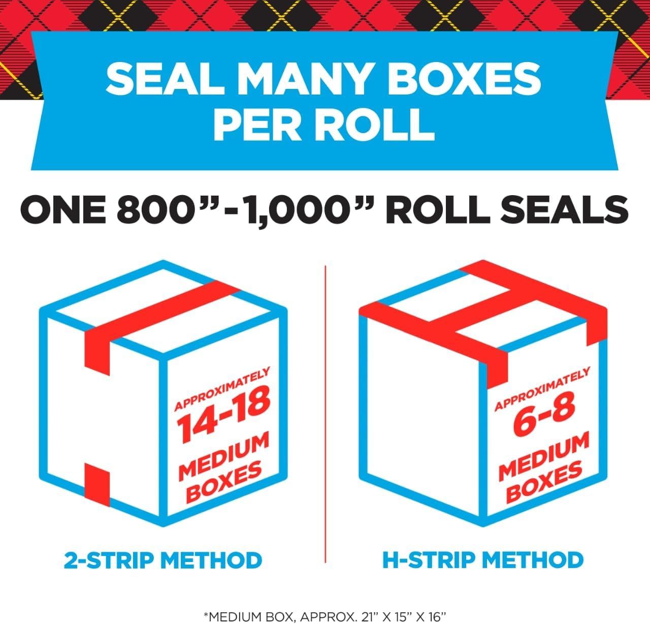 Communicates the high capacity of the product by showing how many medium boxes can be sealed per roll using different methods, helping shoppers understand value and efficiency.