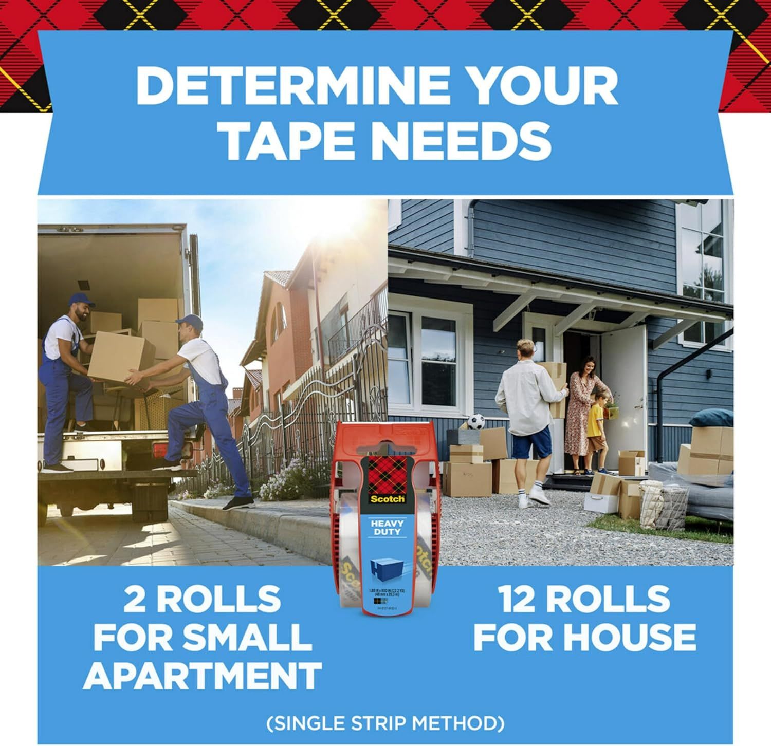 Demonstrates how the tape product can be used in different moving scenarios, helping shoppers determine the right quantity needed based on their specific situation (small apartment vs. full house).…