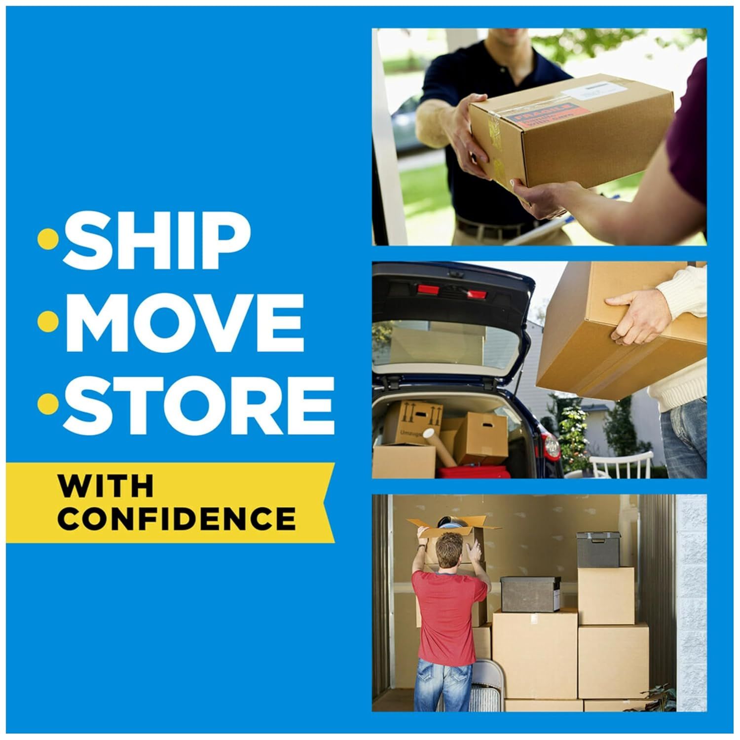 Demonstrates the product's versatility across three distinct scenarios—shipping packages, moving belongings, and storing items—to show shoppers it can handle various needs with confidence.