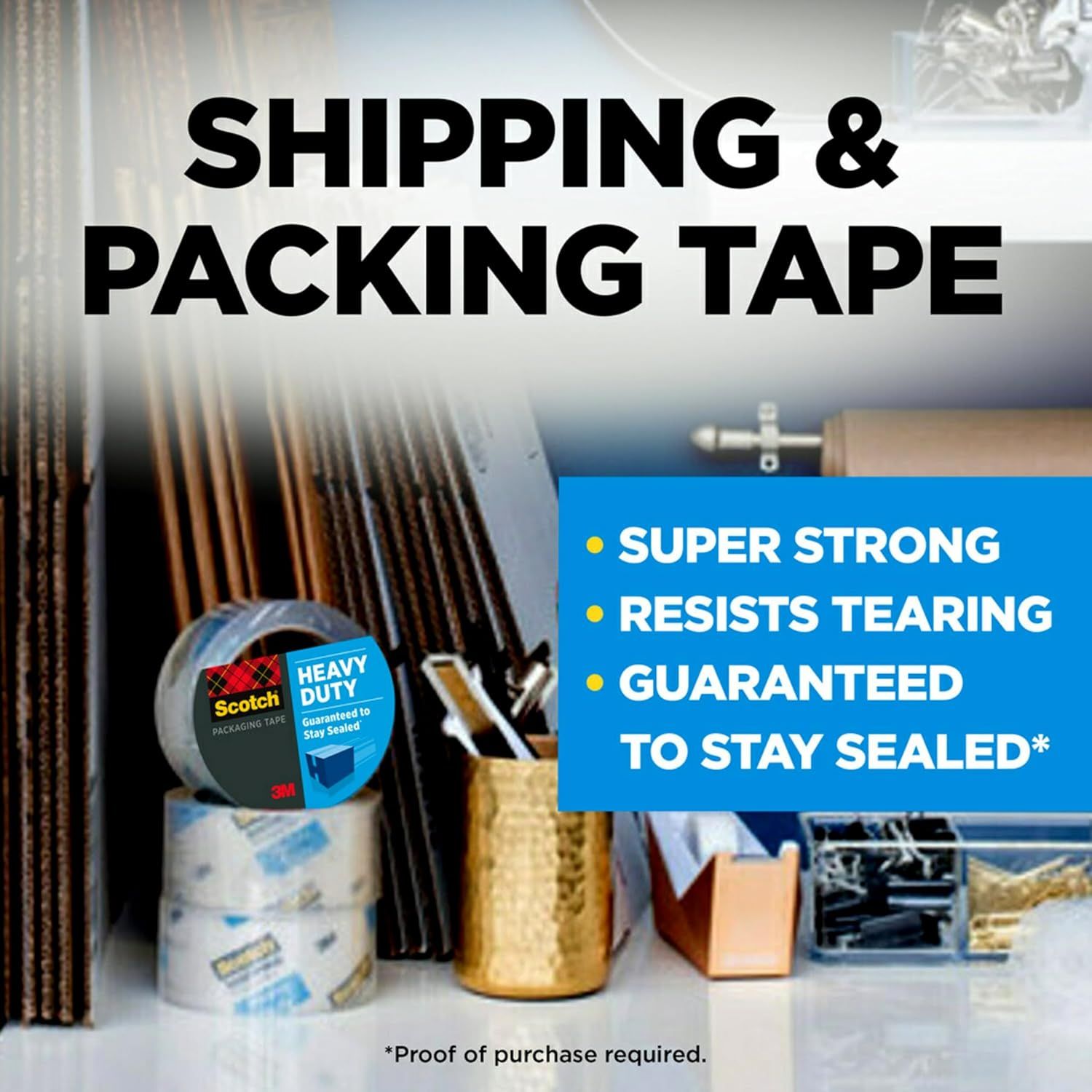 Communicates multiple key benefits of the packing tape (strength, tear resistance, and seal guarantee) to reassure shoppers of its reliability for shipping and packing needs.