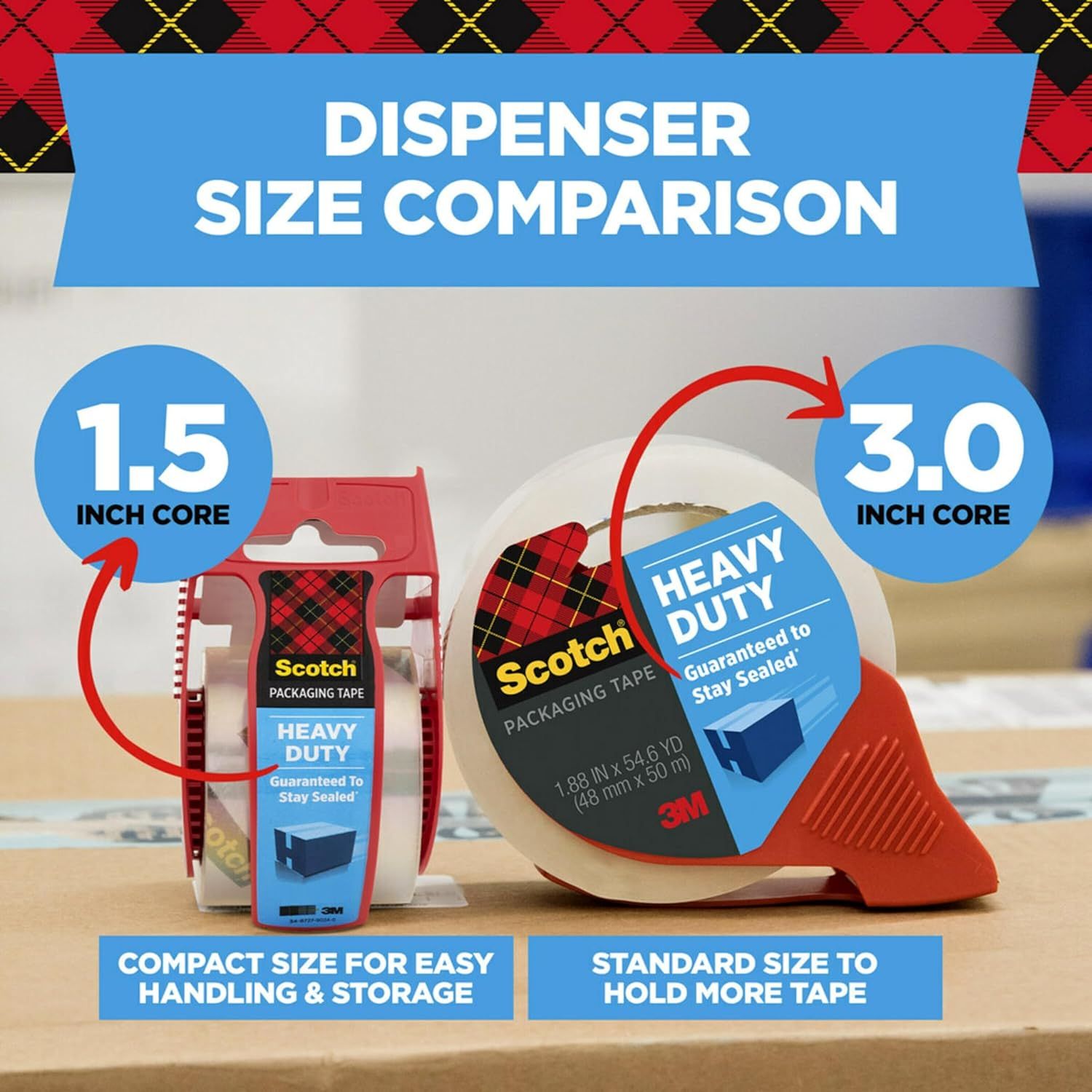 Shows shoppers the two different dispenser sizes available in the Scotch Heavy Duty Packaging Tape product line, helping them choose between compact (1.5 inch core) and standard (3.0 inch core)…