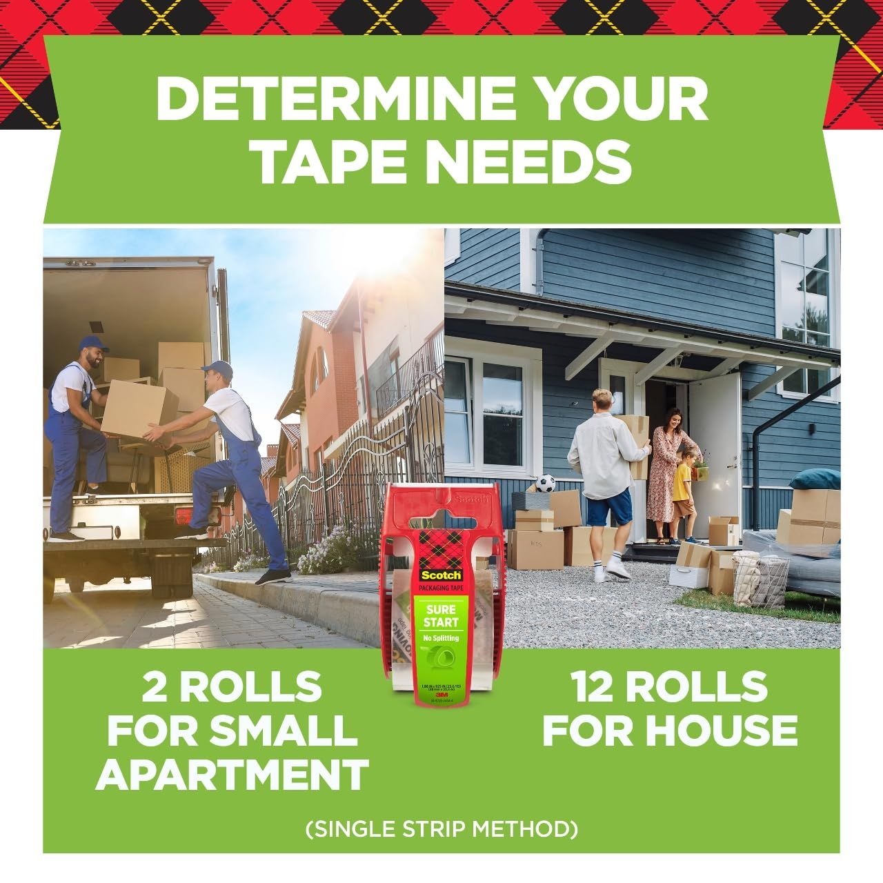 Helps shoppers determine which product size/quantity is right for their needs by showing two different use cases (small apartment vs. house) and the corresponding roll quantities needed.