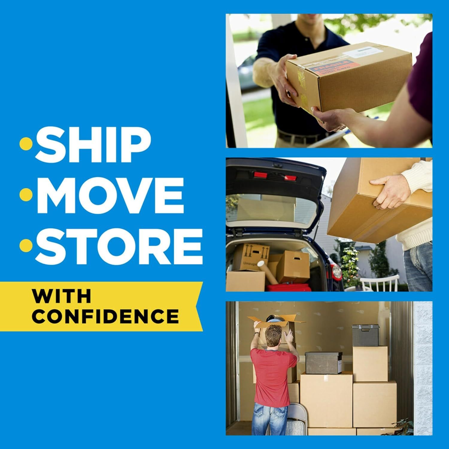 Demonstrates the product's versatility across three distinct scenarios—shipping packages, moving belongings, and storing items—to show shoppers it can handle various needs with confidence.