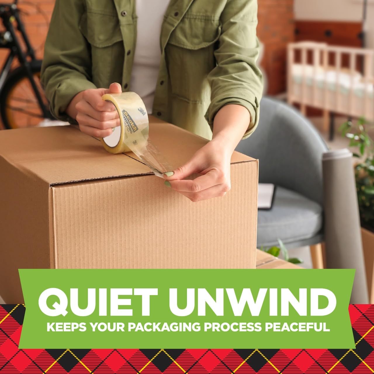 Communicates that the packing tape operates quietly, making the packaging process peaceful and stress-free for users.