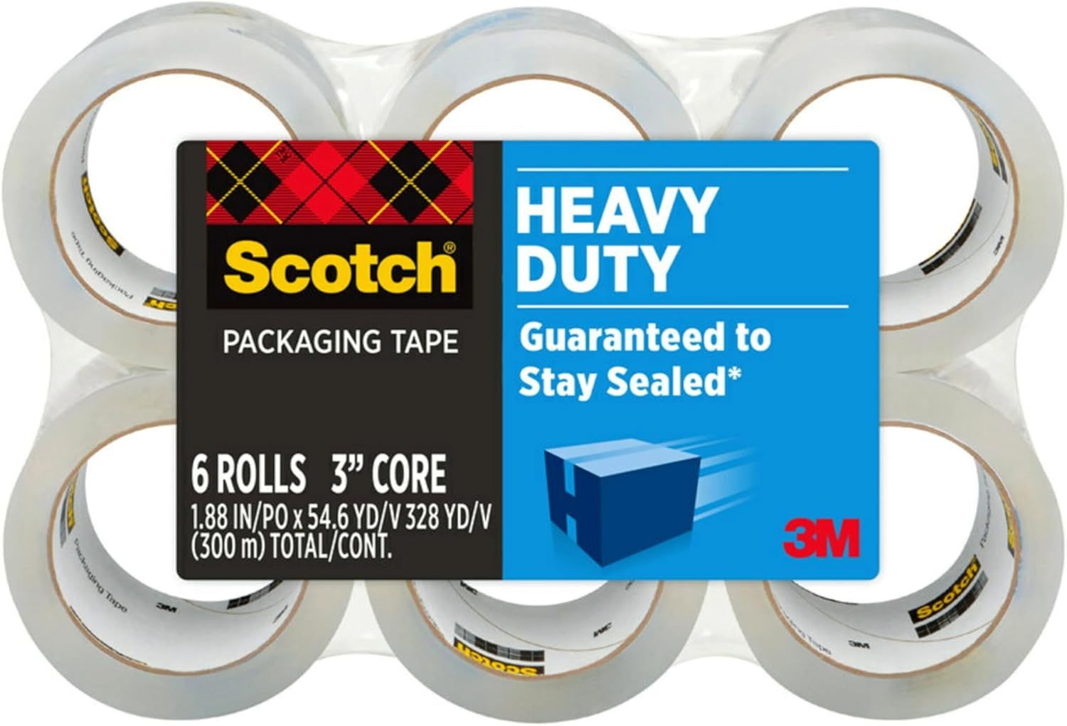 Shows the customer exactly what they will receive in the package: 6 rolls of heavy-duty Scotch packaging tape with specific dimensions and core size. Communicates the primary benefit of the…