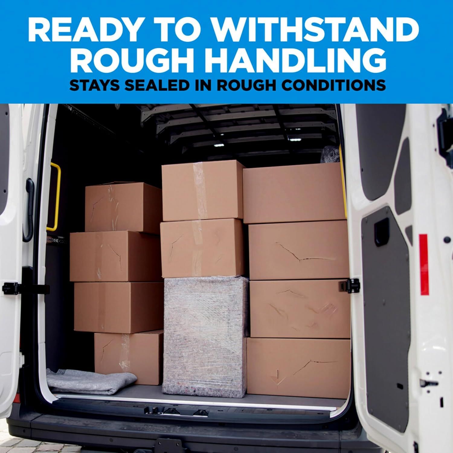 Communicates that the product (likely packaging tape or sealing solution) can withstand rough handling and harsh shipping conditions, reassuring buyers of its reliability during transport.