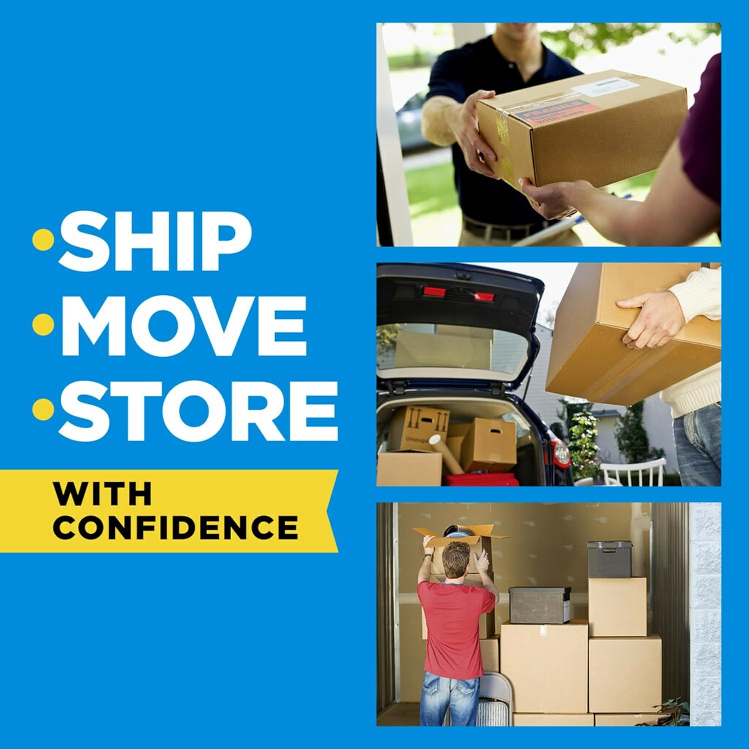 Demonstrates the product's versatility across three distinct scenarios—shipping packages, moving belongings, and storing items—to show shoppers it can handle various logistics needs with confidence.