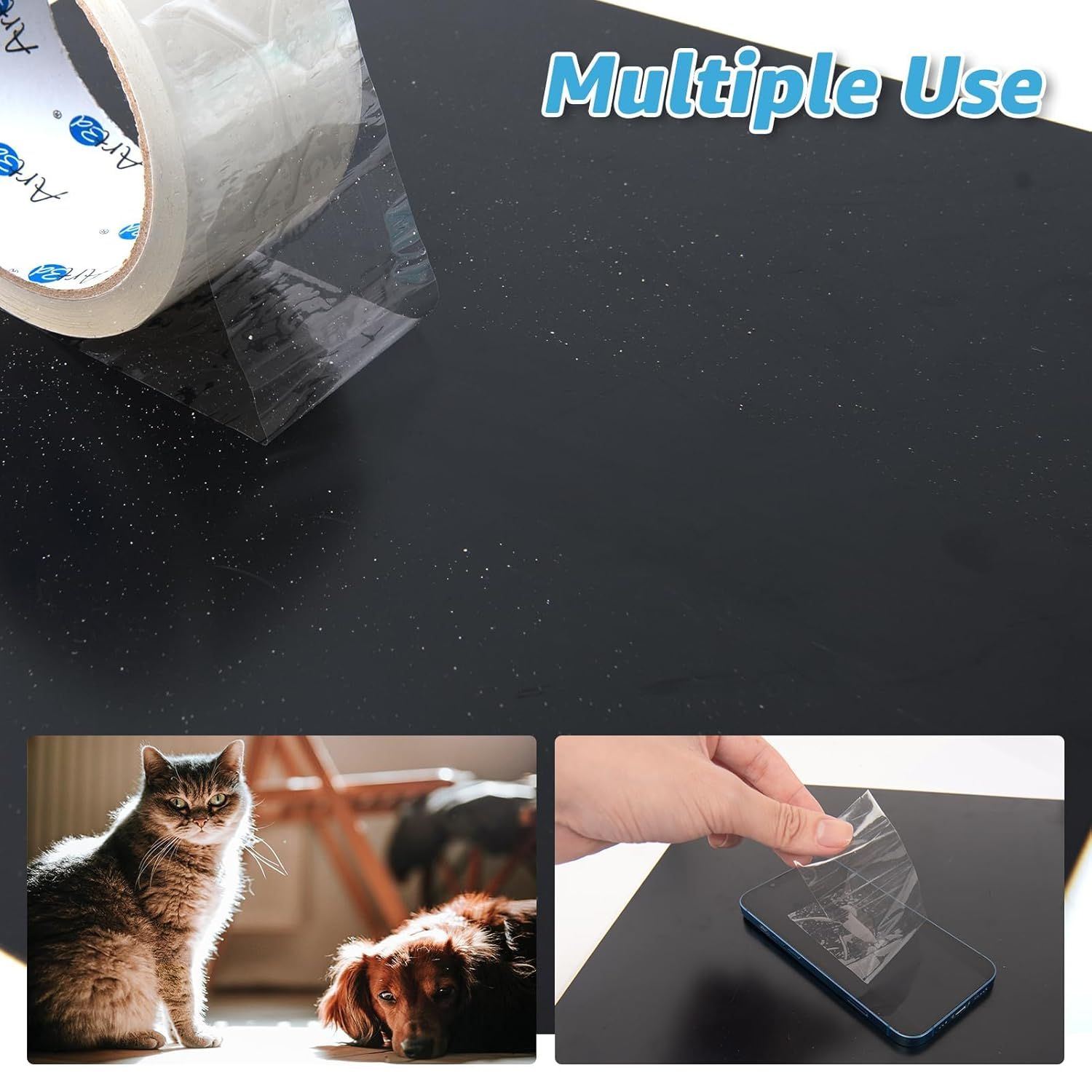 Demonstrates the product's versatility by showing two distinct use cases: removing pet hair from furniture and protecting phone screens, reassuring shoppers that this tape has multiple practical…