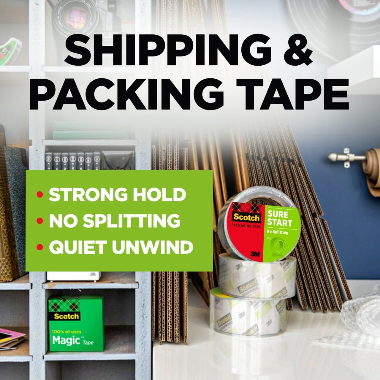 Communicates three distinct product benefits of the packing tape in a visually segmented layout to reassure shoppers of its quality and performance for shipping needs.