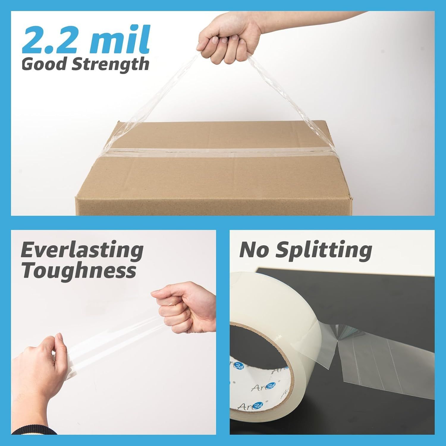 Communicates the product's durability and strength through multiple distinct benefit claims, reassuring shoppers that this packaging tape is strong, tear-resistant, and won't split during use.