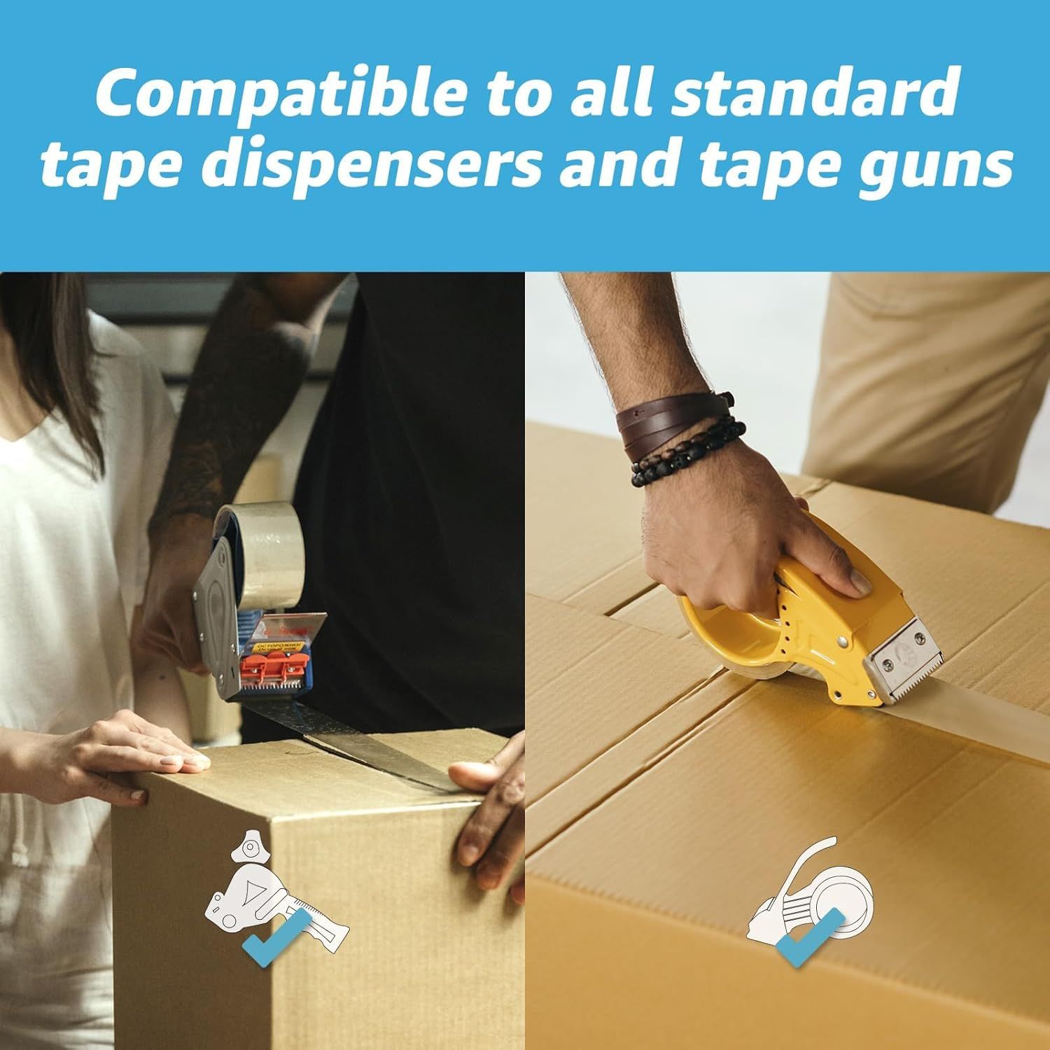 Demonstrates that the product works with multiple types of tape dispensers and tape guns, reassuring shoppers of its versatility and broad compatibility. Demonstrates that the product works with…