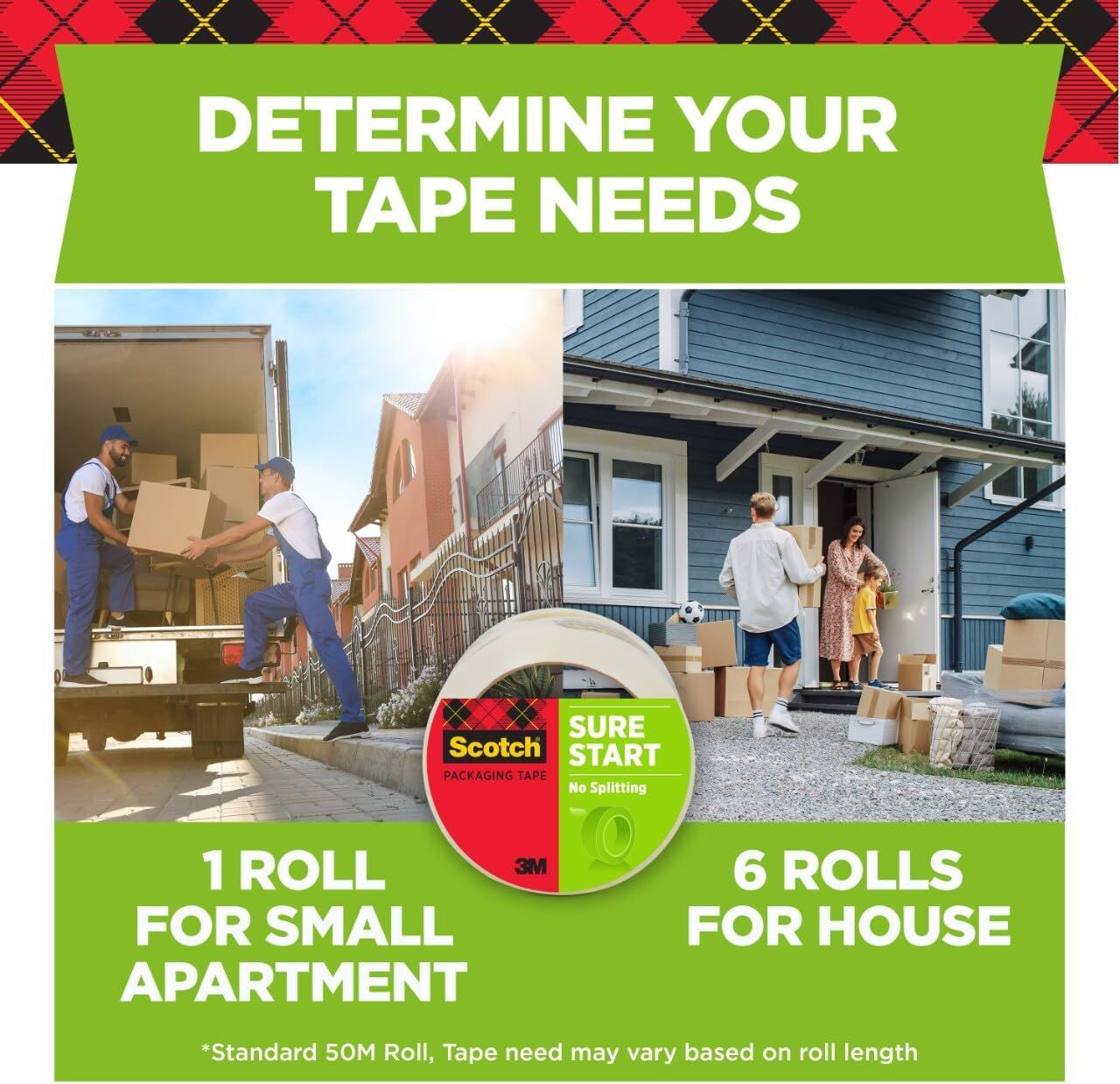 Helps shoppers determine how many rolls of Scotch packaging tape they need based on their moving scenario (apartment vs. house), providing practical purchase guidance while showcasing the brand's…